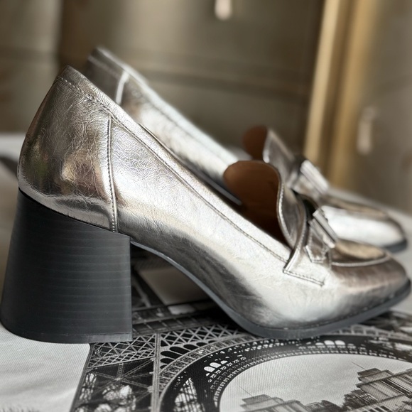 Silver Block Heel Loafers comfortable leather loafers heels - Picture 8 of 10